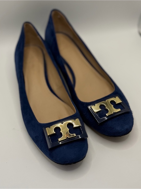 Tory Burch Shoes - Tory Burch “Gigi” Navy Suede Pumps with Block Heel and Gold T Logo at the Toe